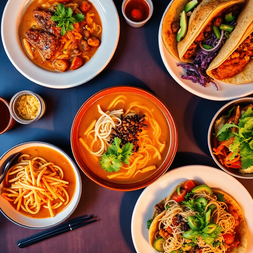 An overhead spread of dishes from local restaurants